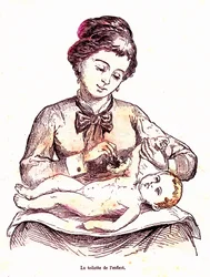 La toilette del bambino - La vita normale e la salute di J. Rengade. Disegno di A. Demarle 1881