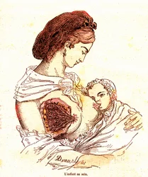 Il bambino al seno (La vita normale e la salute di J. Rengade) - Allattamento. Disegno di A. Demarle 1881