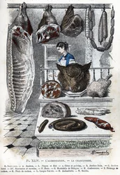 Vista di salumi Un mezzo maiale (un prosciutto b aloyau c costate e petto) B prosciutto fresco C prosciutto affumicato D salsicce e cerevelas F hure G mortadella di Bologna H prosciutto I formaggio di maiale K piedi di maiale L lingua ripiena M andouillett