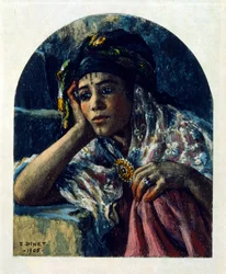 Illustrazione di Dinet da "Miraggi" Scene di vita araba. 1906. Mirages, Scenes De La Vie Arab è stato illustrato da Etienne Dinet con il commento di Silman Ben Ibrahim Bamer. Nasreddine Dinet, nato con il nome di Alphonse-Etienne Dinet (1861-1929), è stato