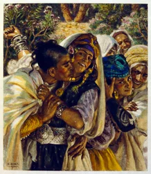 Illustrazione di Dinet da "Miraggi" Scene di vita araba. 1906. Mirages, Scenes De La Vie Arab è stato illustrato da Etienne Dinet con il commento di Silman Ben Ibrahim Bamer. Nasreddine Dinet, nato con il nome di Alphonse-Etienne Dinet (1861-1929), è stato