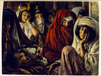 Illustrazione di Dinet da "Miraggi" Scene di vita araba. 1906. Mirages, Scenes De La Vie Arab è stato illustrato da Etienne Dinet con il commento di Silman Ben Ibrahim Bamer. Nasreddine Dinet, nato con il nome di Alphonse-Etienne Dinet (1861-1929), è stato
