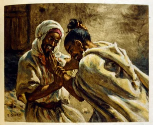 Illustrazione di Dinet da "Miraggi" Scene di vita araba. 1906. Mirages, Scenes De La Vie Arab è stato illustrato da Etienne Dinet con il commento di Silman Ben Ibrahim Bamer. Nasreddine Dinet, nato con il nome di Alphonse-Etienne Dinet (1861-1929), è stato