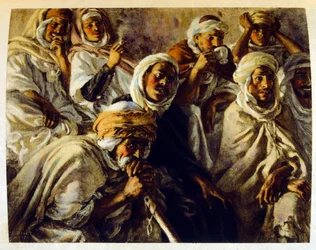 Illustrazione di Dinet da "Miraggi" Scene di vita araba. 1906. Mirages, Scenes De La Vie Arab è stato illustrato da Etienne Dinet con il commento di Silman Ben Ibrahim Bamer. Nasreddine Dinet, nato con il nome di Alphonse-Etienne Dinet (1861-1929), è stato
