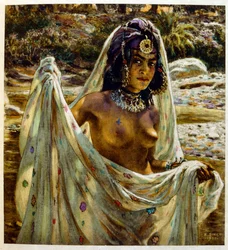 Illustrazione di Dinet da "Miraggi" Scene di vita araba. 1906. Mirages, Scenes De La Vie Arab è stato illustrato da Etienne Dinet con il commento di Silman Ben Ibrahim Bamer. Nasreddine Dinet, nato con il nome di Alphonse-Etienne Dinet (1861-1929), è stato
