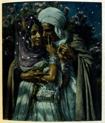 Illustrazione di Dinet da "Miraggi" Scene di vita araba. 1906. Mirages, Scenes De La Vie Arab è stato illustrato da Etienne Dinet con il commento di Silman Ben Ibrahim Bamer. Nasreddine Dinet, nato con il nome di Alphonse-Etienne Dinet (1861-1929), è stato