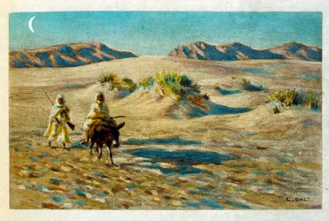 Illustrazione di Dinet da "Miraggi" Scene di vita araba. 1906. Mirages, Scenes De La Vie Arab è stato illustrato da Etienne Dinet con il commento di Silman Ben Ibrahim Bamer. Nasreddine Dinet, nato con il nome di Alphonse-Etienne Dinet (1861-1929), è stato