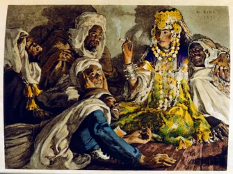 Illustrazione di Dinet da "Miraggi" Scene di vita araba. 1906. Mirages, Scenes De La Vie Arab è stato illustrato da Etienne Dinet con il commento di Silman Ben Ibrahim Bamer. Nasreddine Dinet, nato con il nome di Alphonse-Etienne Dinet (1861-1929), è stato