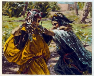 Illustrazione di Dinet da "Miraggi" Scene di vita araba. 1906. Mirages, Scenes De La Vie Arab è stato illustrato da Etienne Dinet con il commento di Silman Ben Ibrahim Bamer. Nasreddine Dinet, nato con il nome di Alphonse-Etienne Dinet (1861-1929), è stato
