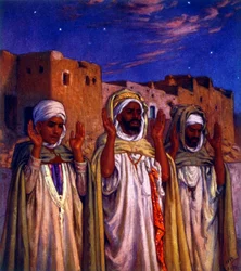 Illustrazione raffigurante pellegrini arabi musulmani in viaggio verso La Mecca. di Nasreddine Dinet (Alphonse-Étienne Dinet). 1861 – 1929