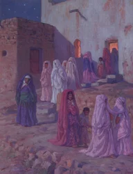 Musulmani che lasciano la moschea del villaggio alla vigilia del Mouled, illustrazione da una storia della vita del Profeta Maometto, pubblicata a Parigi nel 1918