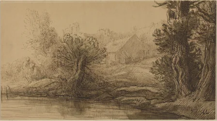Riva di un fiume (penna e inchiostro marrone con lavaggio marrone su cartone)