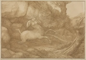Donna centauro (penna e inchiostro bruno su grafite su carta vergata)
