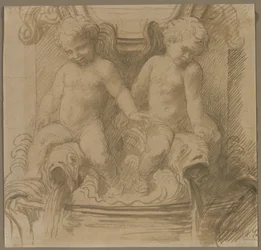 Fontana con putti che cavalcano delfini