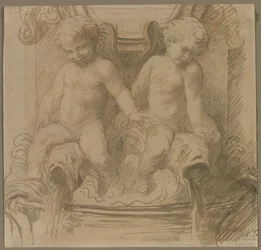 Fontana con putti che cavalcano delfini, seconda metà del 1800