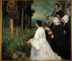 Ex-voto Donne (in costumi tradizionali bretoni?) che si radunano davanti a un ex voto