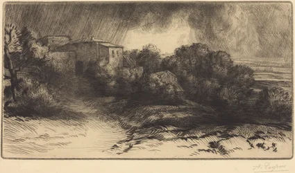 Veduta di una fattoria durante una tempesta