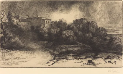 Vista di una fattoria durante una tempesta (Effetto di tempesta)