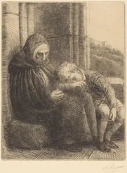 Donna seduta con una parete sullo sfondo, bambino con la testa sulle sue ginocchia (Donna seduta, con una parete sullo sfondo, bambino con la testa sulle sue ginocchia)