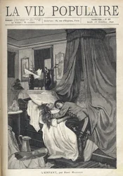 Un soldato disperato abbraccia il cadavere di una donna sdraiata in un letto. Illustrazione di Alfons Maria Mucha (Alphonse Marie Mucha)
