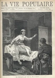 Un vecchio magro con un volto emaciato si sta stiracchiando, il suo abito, le sue scarpe e una maschera di carnevale sono trascinati vicino al suo pannolino (un lenzuolo gettato su un divano), in "La Vie Populaire"