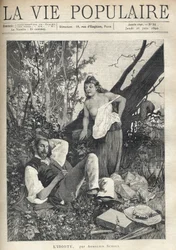 Una giovane donna, spettinata, denudata, con il petto scoperto, si china con fiducia e divertimento verso un pittore sdraiato, addormentato in mezzo alla natura, giacca, cappello, materiale e pipa sparsi sul pavimento. Illustrazione di Alfons Maria Mucha