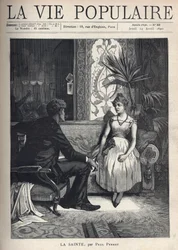 Una giovane donna, malata, seduta su un divano in un salotto riccamente decorato, con un atteggiamento timido parla con un giovane uomo in abiti, seduto su una poltrona, rivolto verso di lei con uno sguardo intraprendente. Illustrazione di Alphons Mucha