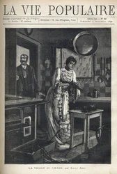 Una donna elegante lucida una scarpa nella cucina di una casa. Un uomo apre la porta dietro di lei. Illustrazione di Alfons Maria Mucha