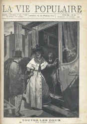 Addio tra un uomo e una donna che sale su un treno sulla banchina di una stazione. Illustrazione di Alfons Maria Mucha (Alphonse Maria Mucha)