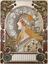 MUCHA, Alphonse Maria (1860-1939). Zodiaco. 1896. (67 x 48 cm). Poster e calendario pubblicitario della rivista “La Plume”. Modernismo. Litografia