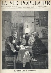 Scena di vita familiare: intorno al tavolo da pranzo, una famiglia è riunita, illuminata da una lampada a olio e ascolta attentamente uno zio in visita, con occhi brillanti e mano che segna i punti salienti della sua storia. Illustrazione di Alfons Maria M