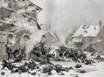 Attacco di fuoco a una casa barricata, fotoincisione di Goupil and Company (fotoincisione)