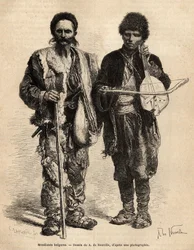 Mendicanti itineranti bulgari, tra cui una persona cieca che suona il ghuzla (liuto serbo ha una corda) che accompagna la recitazione di poesie e racconti epici, inciso dopo il disegno di A. De Neuville, illustrando il viaggio in Bulgaria, di Guillaume Lej