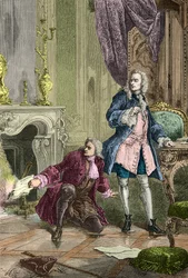 Charles Jean Francois Henault salva il manoscritto de La Henriade che Voltaire aveva gettato nel fuoco (Incisione)