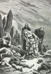 Edith con il collo di cigno trova il corpo di re Harold sul campo di battaglia di Hastings nel 1066 (Incisione)