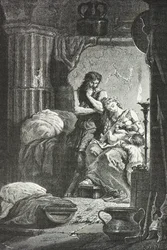 Eponine de Langres allatta il figlio di Giulio Sabino in una grotta (Incisione)