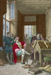 Francois 1er visita la tipografia di Robert Estienne (Incisione)