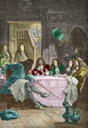 Jean de La Fontaine, Nicolas Boileau Despreaux, Moliere e Racine a cena in un cabaret (Incisione)