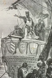 Riccardo Cuor di Leone lascia la Terra Santa nel 1192 (Incisione)
