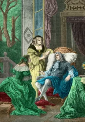 Il duca di La Rochefoucauld a colloquio con Madame de Sevigne e Madame de La Fayette (Incisione)