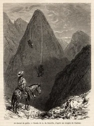 Gli indiani dello stato di Boyaca, che scendono da una montagna coperta di erba su cavalli di paglia, costituiti da un fascio di erba lunga su cui ci si siede a cavalcioni per scendere le pendici a tutta velocità, solo con la forza di gravità, incisione do