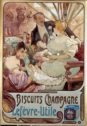 Art Nouveau: manifesto pubblicitario per biscotti Champagne prodotti da Lefevre Utile, di Alphonse Mucha