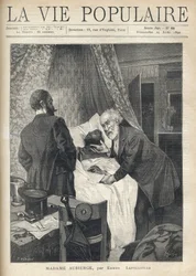 Due uomini si chinano su un letto per vedere la morte di un uomo. Alla porta, altri uomini osservano la scena. Illustrazione di Alfons Maria Mucha