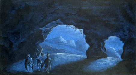 Tre uomini in una grotta di montagna".