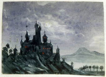 Veduta di un castello fantastico al chiaro di luna". Acquerello e gouache. Aurore Amadine Lucie Dupin (1804-1876) scrittrice e femminista francese che scrisse con il nome di George Sand.