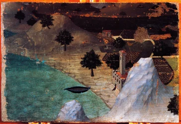 Castello sul lago, di Ambrogio Lorenzetti, pittura su legno, 22x33 cm