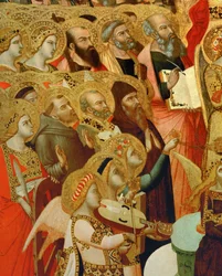 Particolare di un altare: Santi e angeli in adorazione di Cristo ...