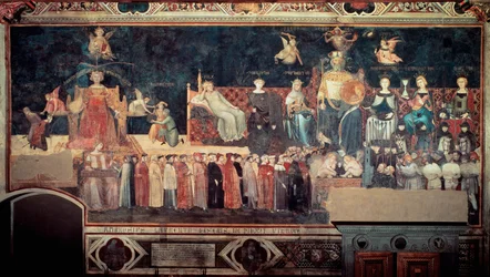 Effetti del buon e cattivo governo sulla città e la campagna (Allegoria del buon e del cattivo governo): dettaglio che rappresenta il buon governo (allegorie di Pace, Magnanimità, Prudenza, Temperanza, Giustizia). Affresco di Ambrogio Lorenzetti