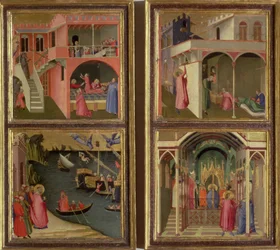 Quattro scene della vita di san Nicola: san Nicola dà la dote a tre fanciulle; san Nicola eletto vescovo di Myra; resurrezione di un ragazzo strangolato dal Diavolo; liberazione di Myra dalla carestia