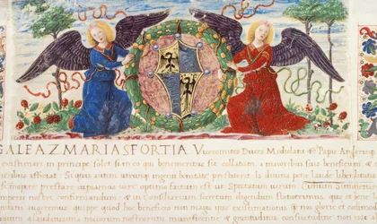 Angeli che tengono uno scudo raffigurante uno stemma Sforza, miniatura di Ambrogio Bergognone da un manoscritto, Italia 1477